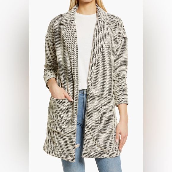 Marine Layer Sweaters - Marine Layer Birdseye Long Cardigan Jacket Sweater Beige Black XL